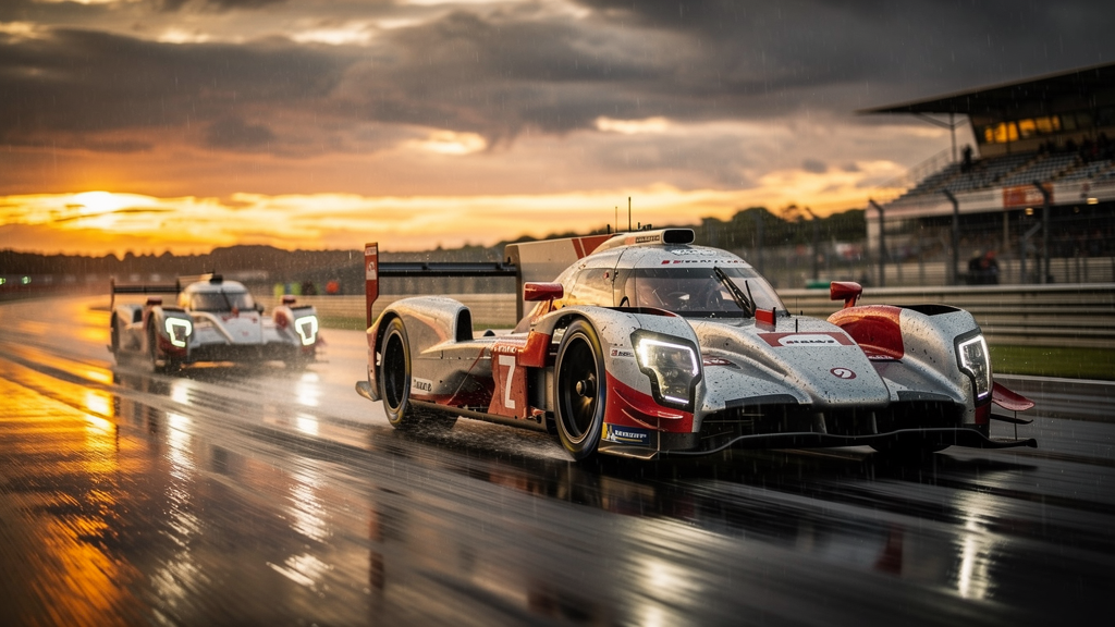 Generic endurance racing hypercar prototype racing through a rain-slicked circuit at dusk, illustrating the drama of the 2026 WEC 6 Hours of Fuji
