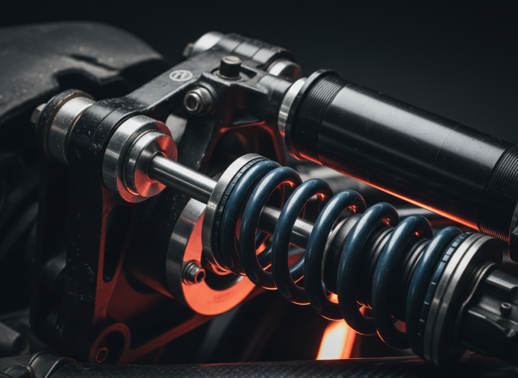 Race car suspension and damper close-up