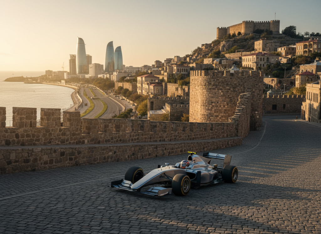 An open-wheel race car powering through a tight corner beside ancient stone city walls on a dusk street circuit, with a modern seafront skyline in the background