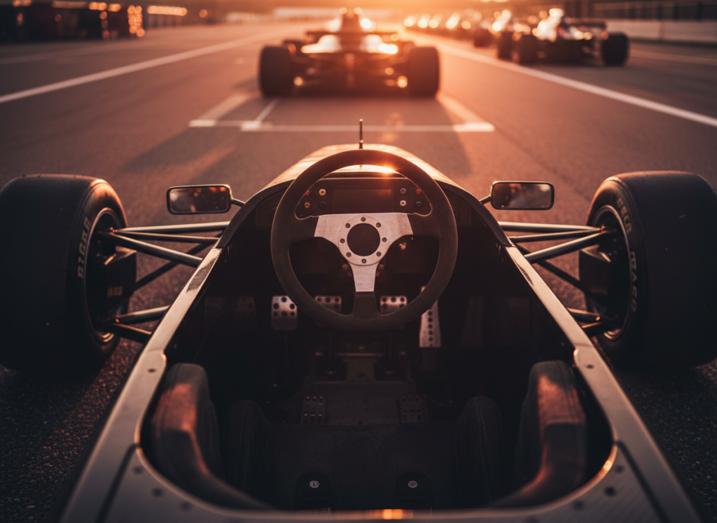 Empty F1 cockpit and steering wheel on the grid
