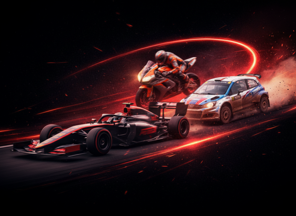 Collage of blurred racing vehicles speeding across a dark background