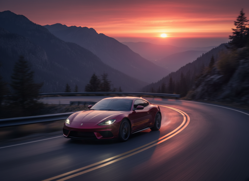 Affordable sports car on winding road at dusk