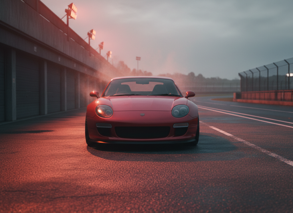 Sporty coupe parked in track paddock