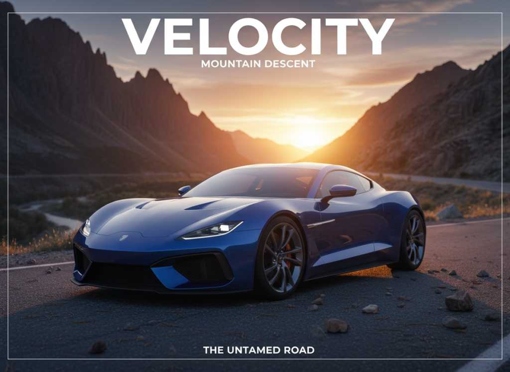 A generic sports coupe on a mountain road at golden hour, representing affordable used performance cars