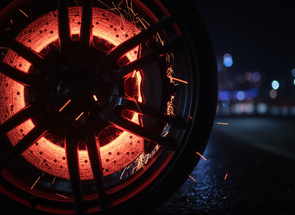 Glowing carbon-ceramic brake disc close-up