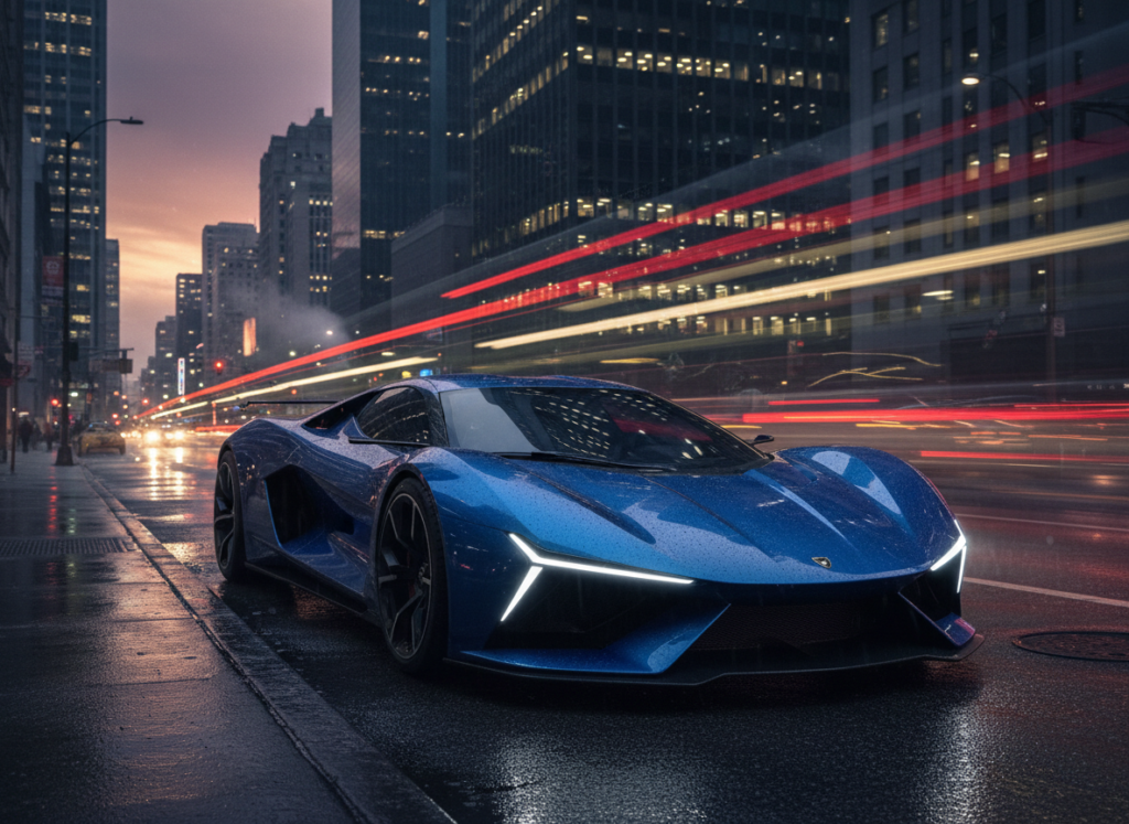 Sleek supercar parked on a city street at dusk