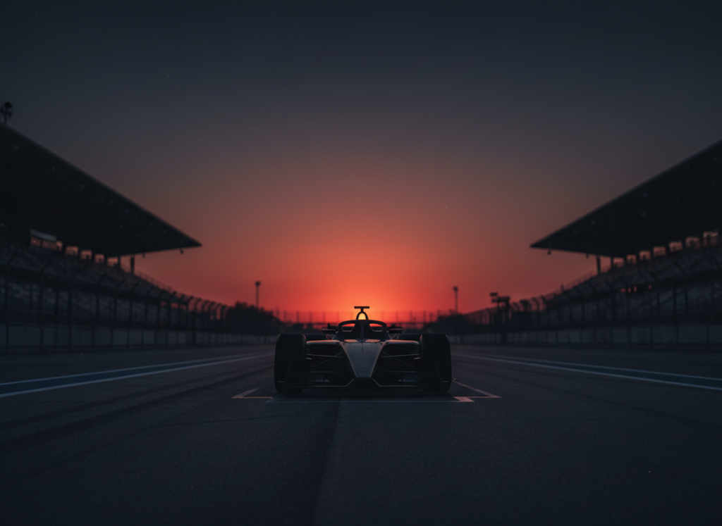 Formula race car on starting grid at dusk