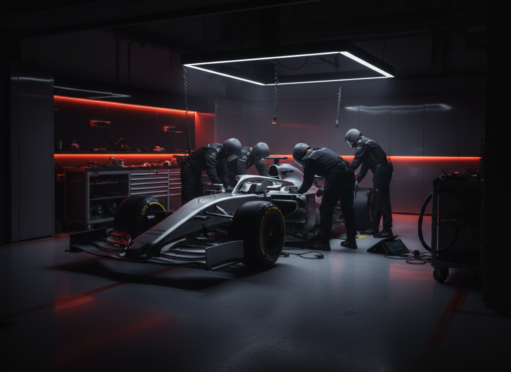 F1 garage mechanics working on race car at night