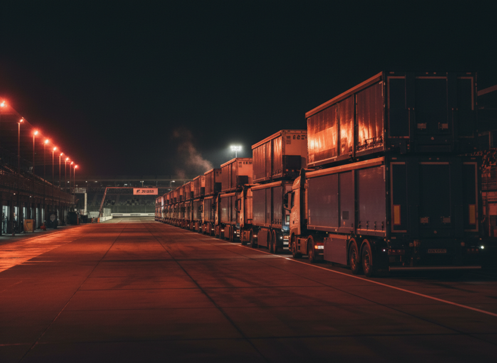 F1 transport trucks in paddock logistics area