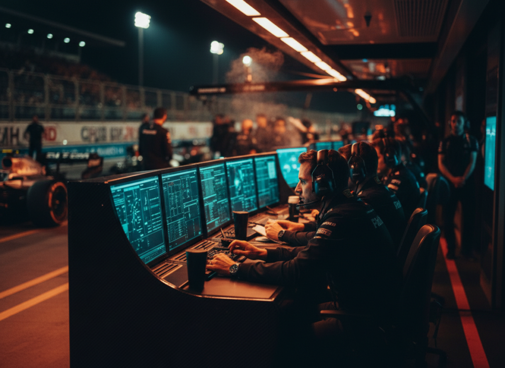 F1 pit wall engineers analyzing race strategy data