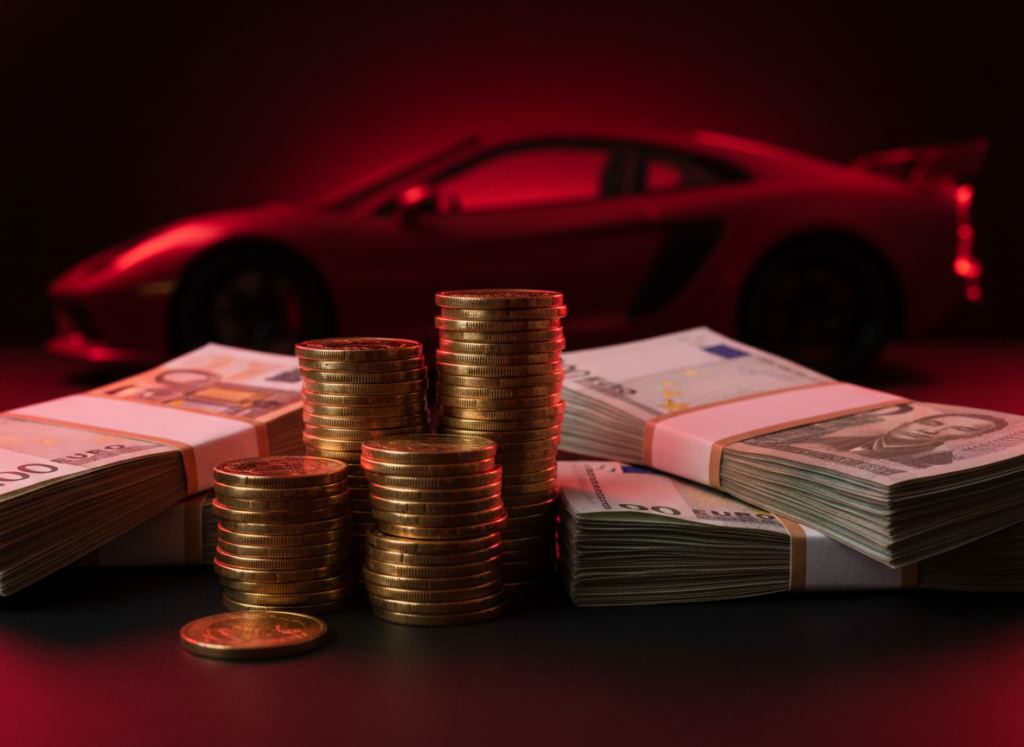 Stacks of money beside a blurred race car silhouette