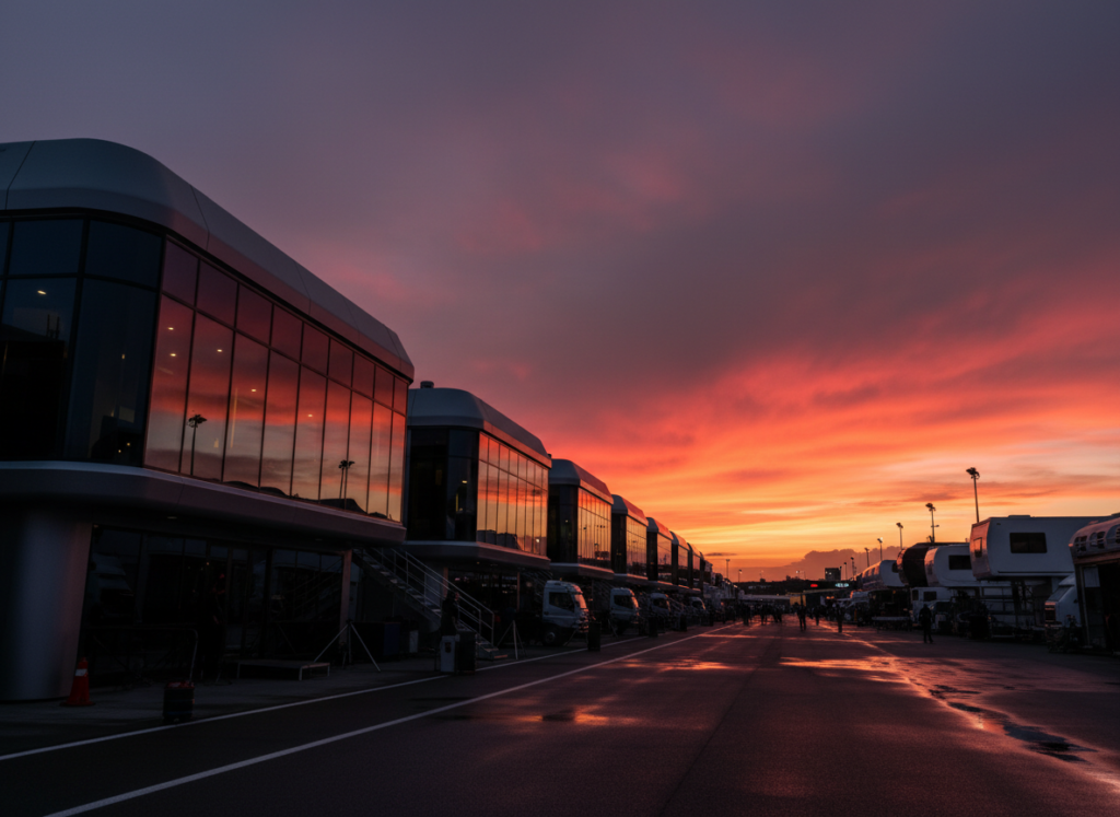 F1 paddock hospitality area at dusk