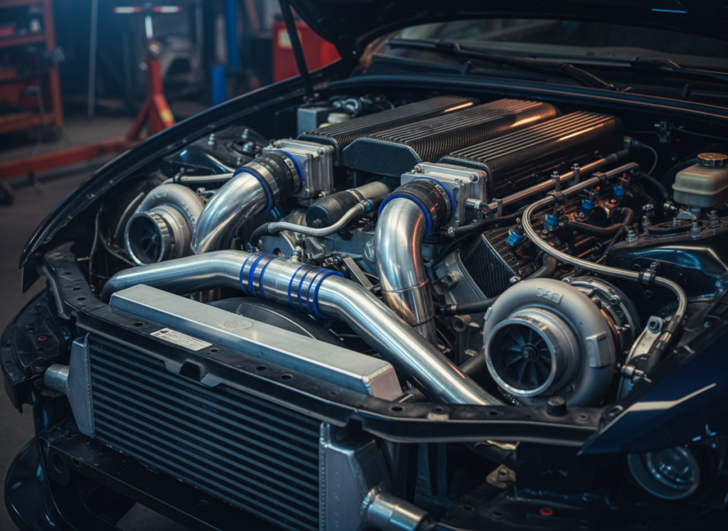 Car engine bay with carbon fiber performance parts