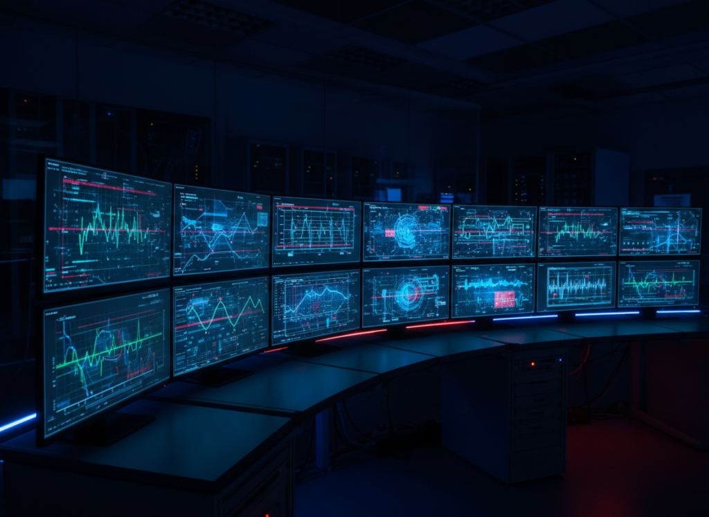 Glowing data graphs on dark monitors in an engineering room