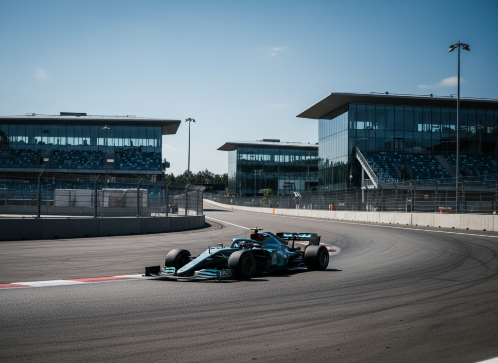 Generic Formula 1 race car cornering at a brand-new modern circuit, illustrating F1's first race at Madrid's Madring venue