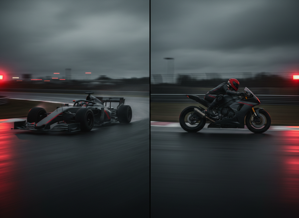 Split image of a race car and a motorcycle racer