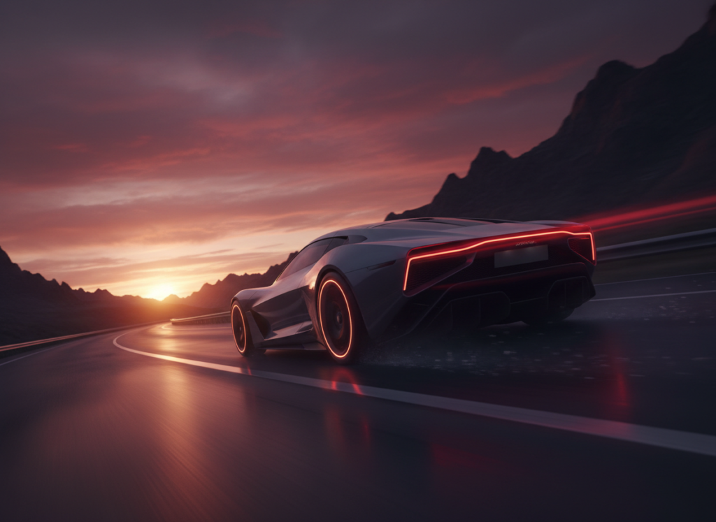 Supercar speeding on open road at dusk