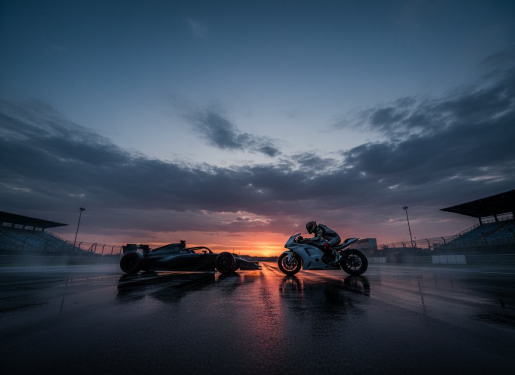 Formula race car and motorcycle racer on track