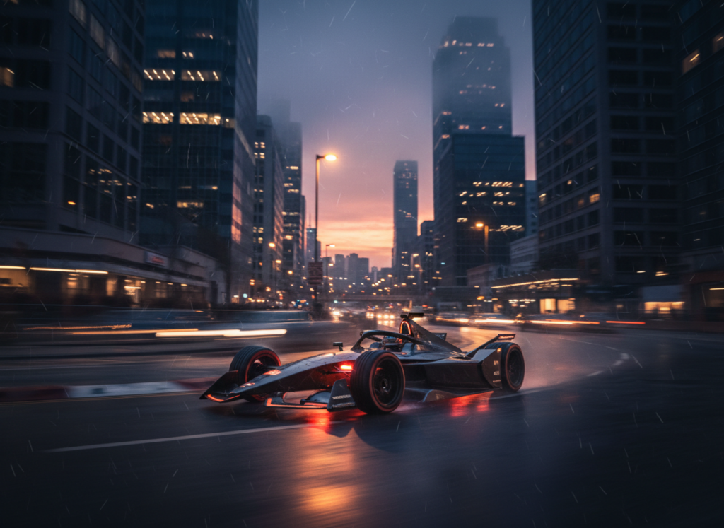Electric race car on an urban street circuit