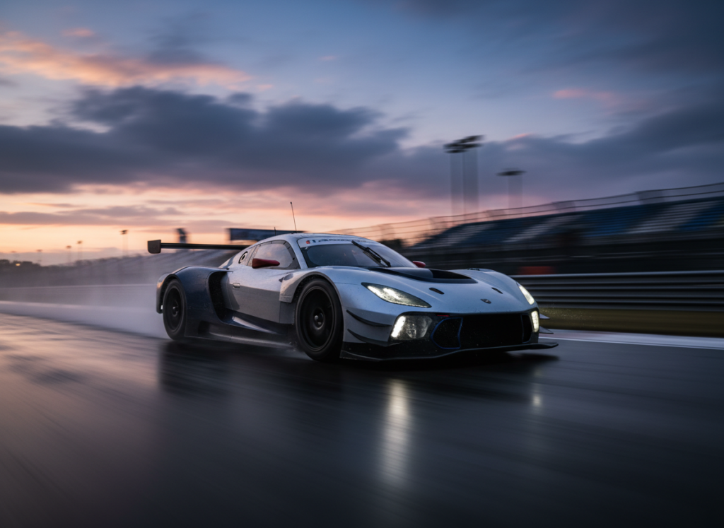 A generic GT3-style race car in action on a wet track at dusk