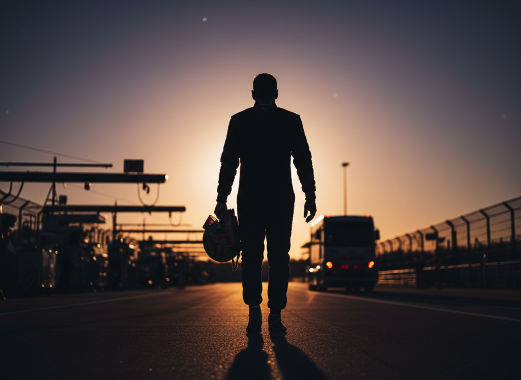 Racing driver silhouette walking through pit lane at dusk