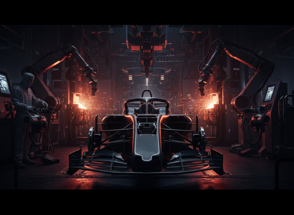 F1 car chassis under construction in factory
