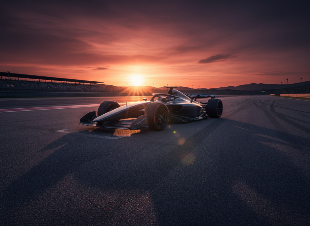 Formula race car alone on track at sunset