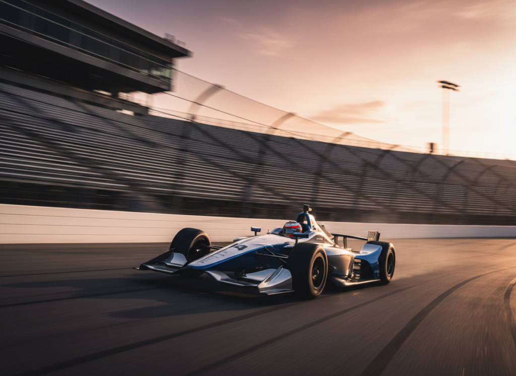 Generic open-wheel IndyCar-style race car speeding around a banked oval speedway at golden hour