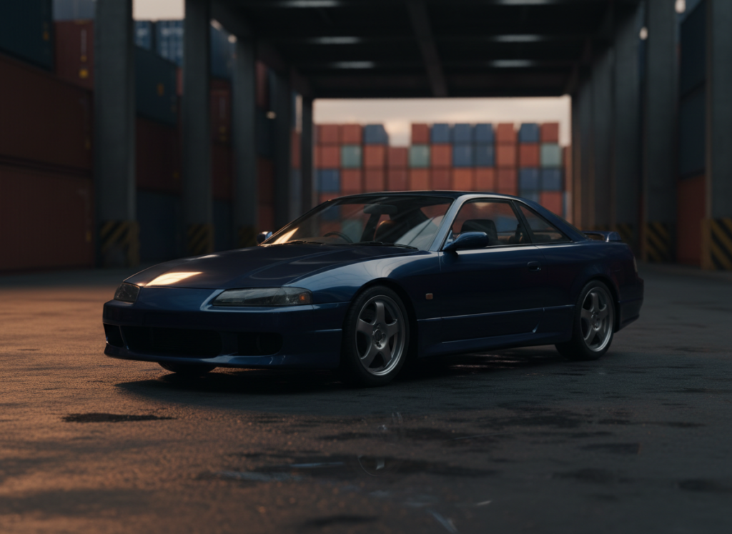 Generic Japanese sports coupe parked near shipping containers, representing JDM car imports