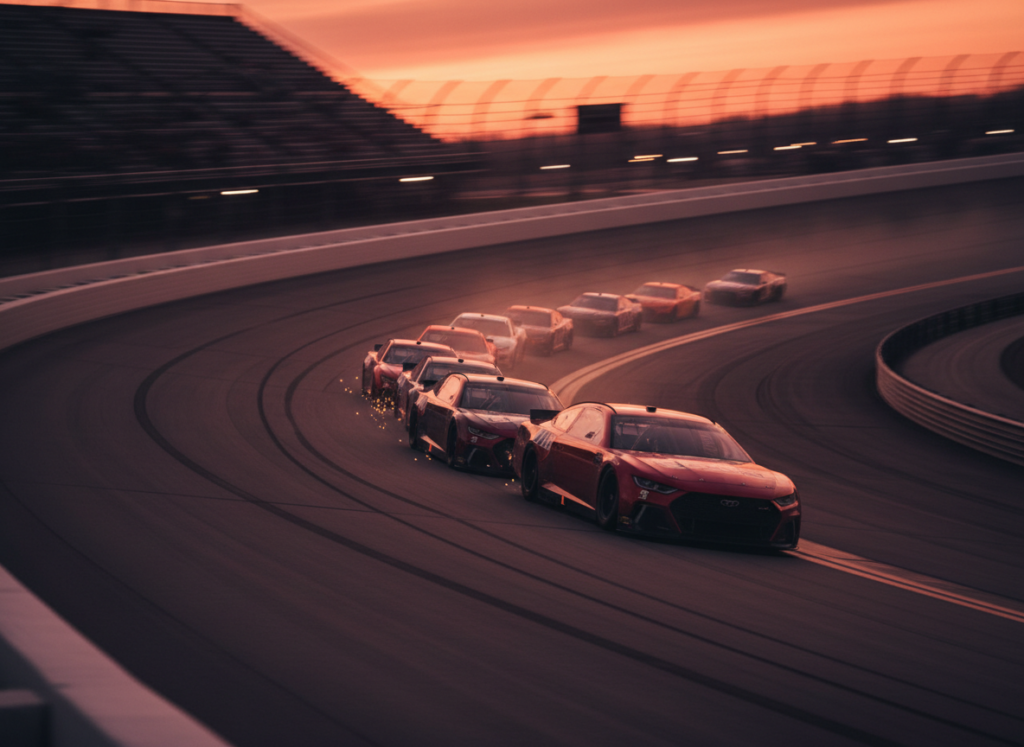 Stock cars racing on a banked oval speedway