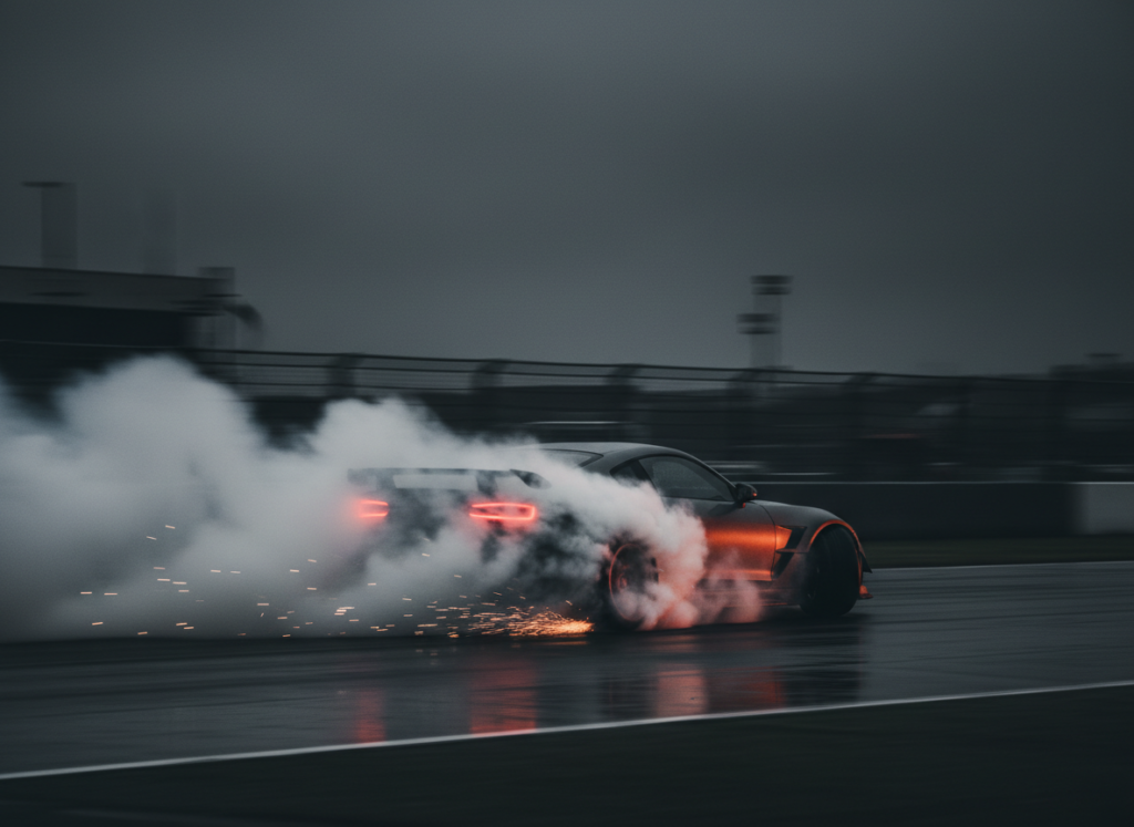 Sports car drifting with tire smoke on track
