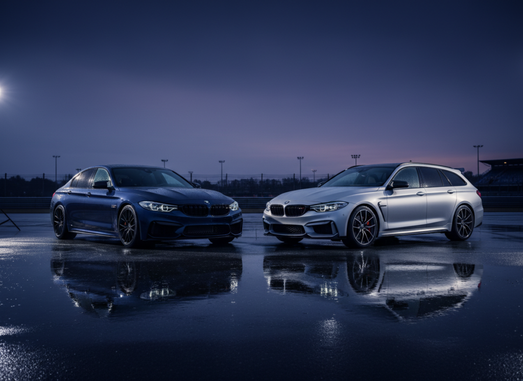 A performance sedan and a performance wagon parked side by side on a race circuit apron at dusk