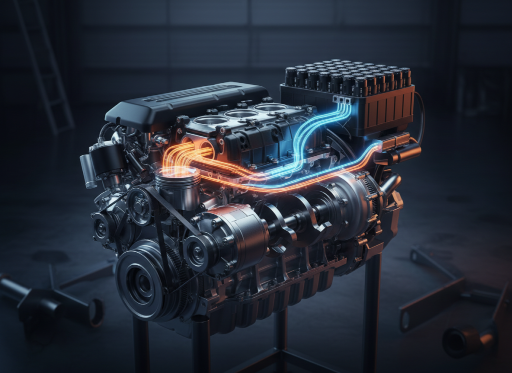 Professional editorial illustration of a modern Formula 1 hybrid power unit cutaway, showing a turbocharged V6 engine block integrated with an electric motor-generator unit and battery cell pack, glowing energy flow lines connecting the combustion and electric sides, dark garage background with soft blue and orange rim lighting, technical automotive photography style, no text, no logos, no real team liveries, generic car