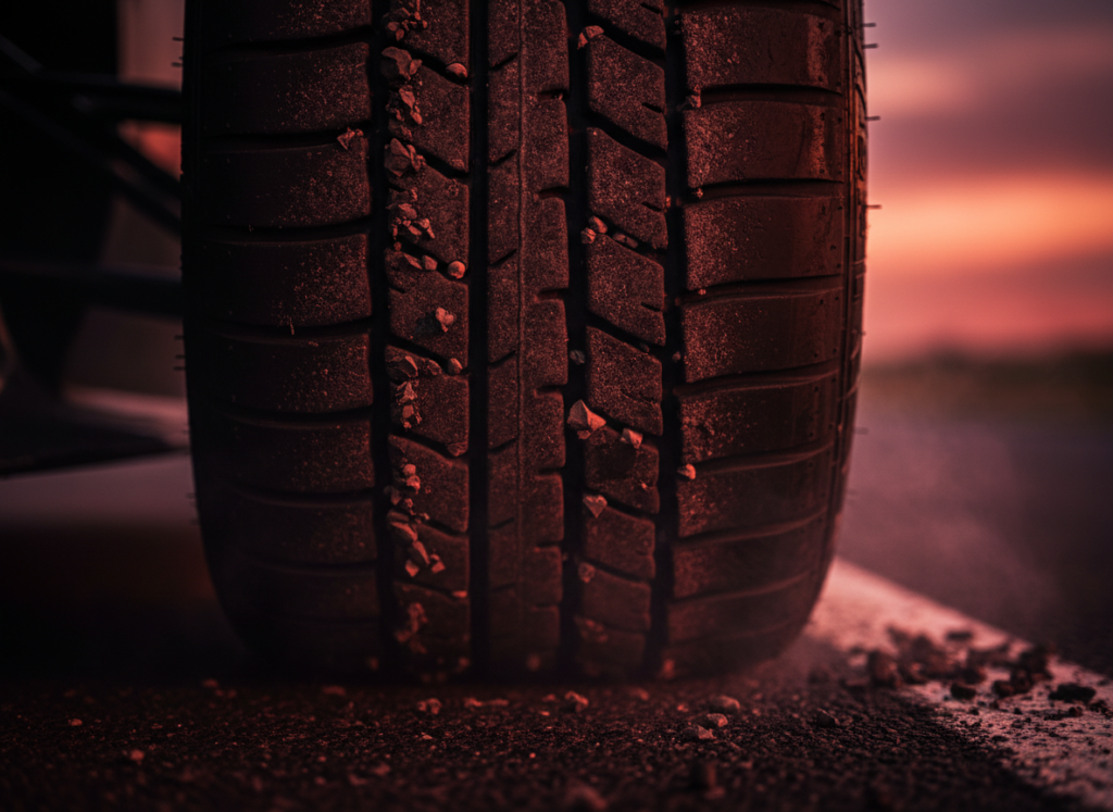 Close-up of a worn racing tire on track