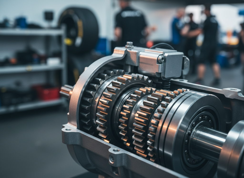 Close-up of a racing car's sequential gearbox internals showing dog-ring gears and hydraulic actuator