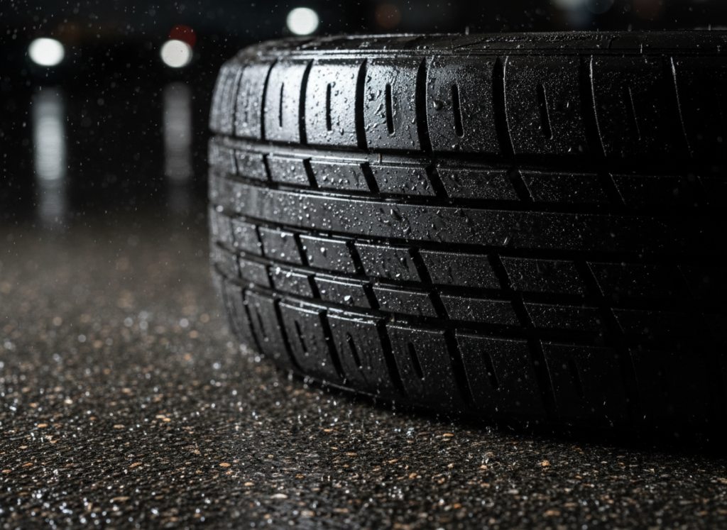Close-up of a high-performance tire tread on wet asphalt