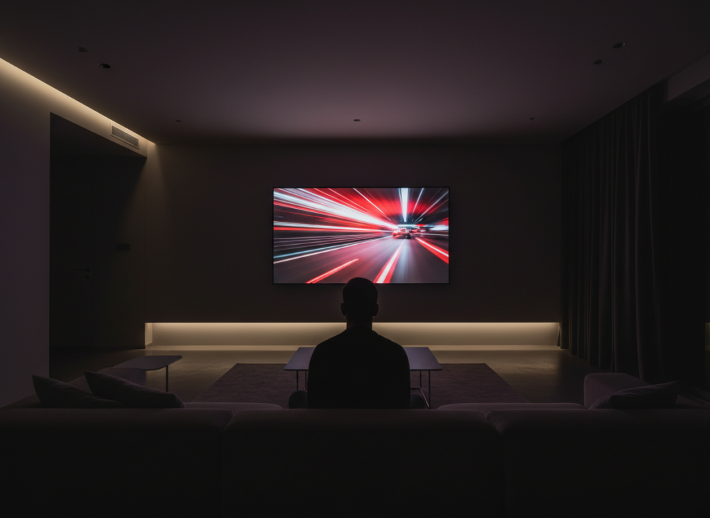 Person watching motorsport broadcast on TV at night