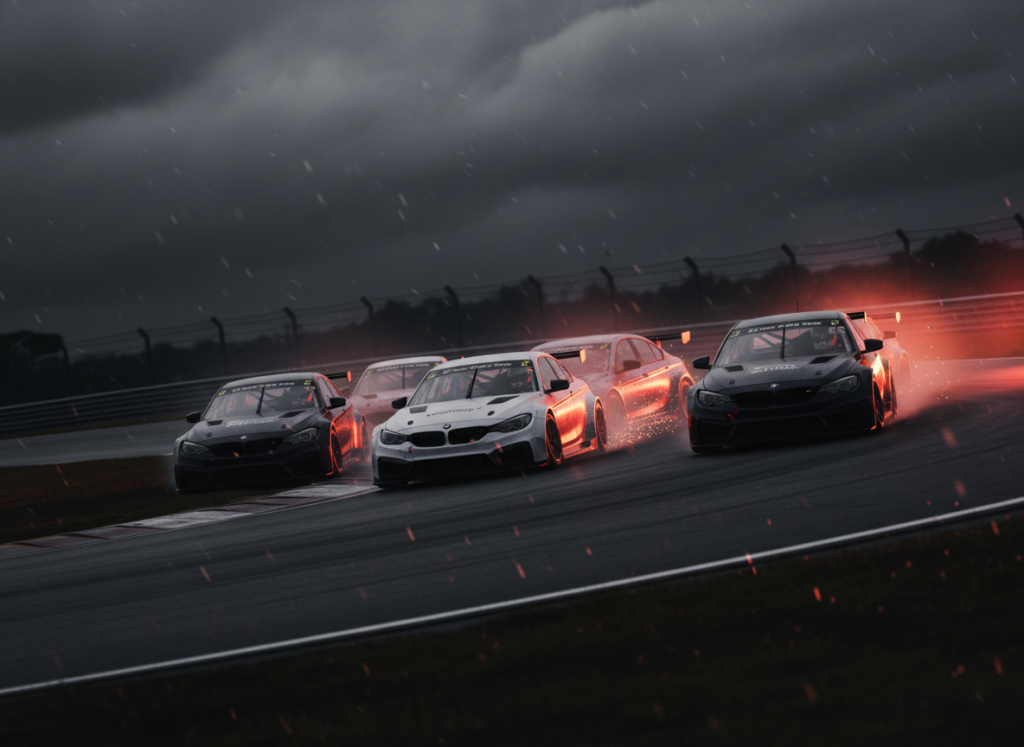 Touring cars racing closely through a corner