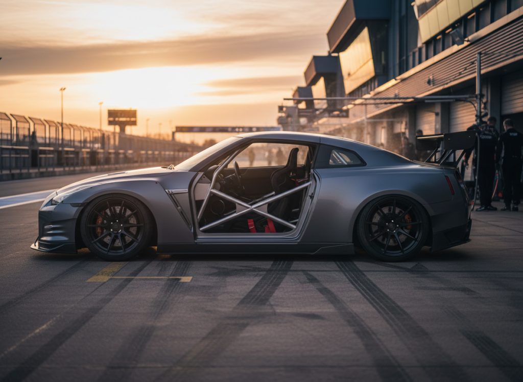 Modified street car with roll cage at a racetrack pit lane