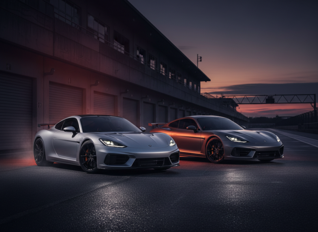 Two performance sports cars compared on a racetrack