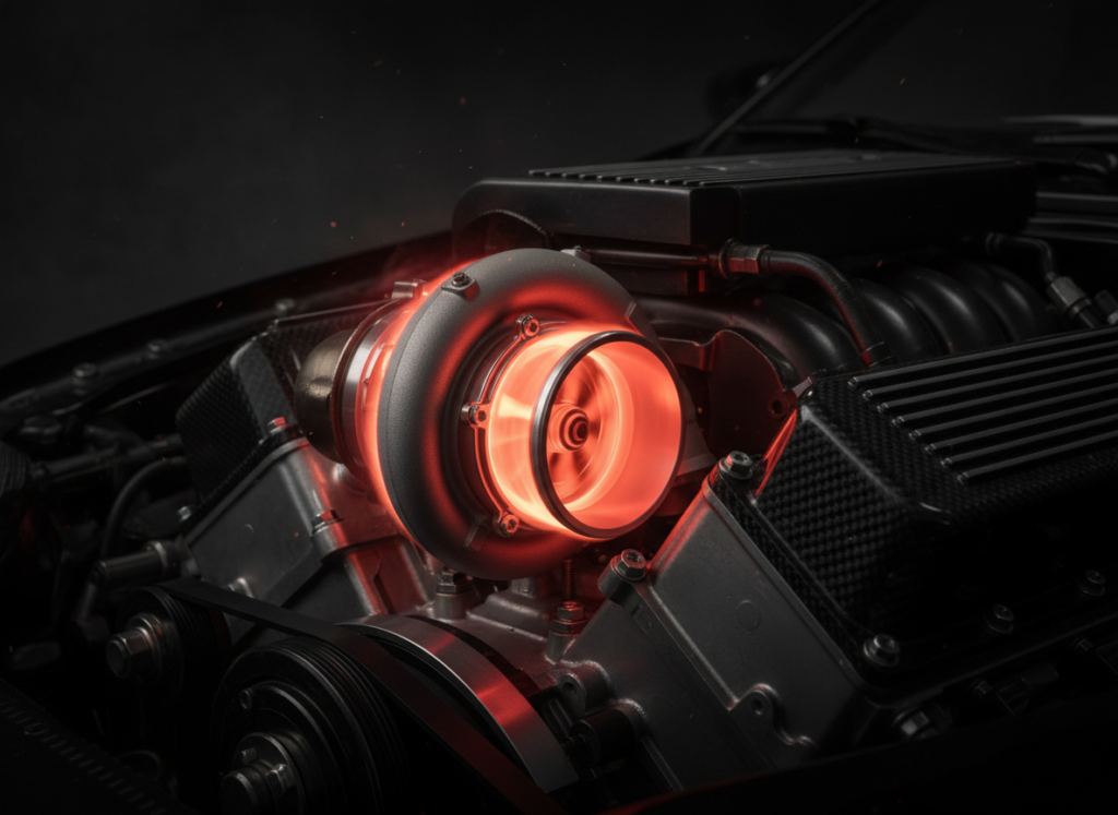 Turbocharger glowing with heat on an engine