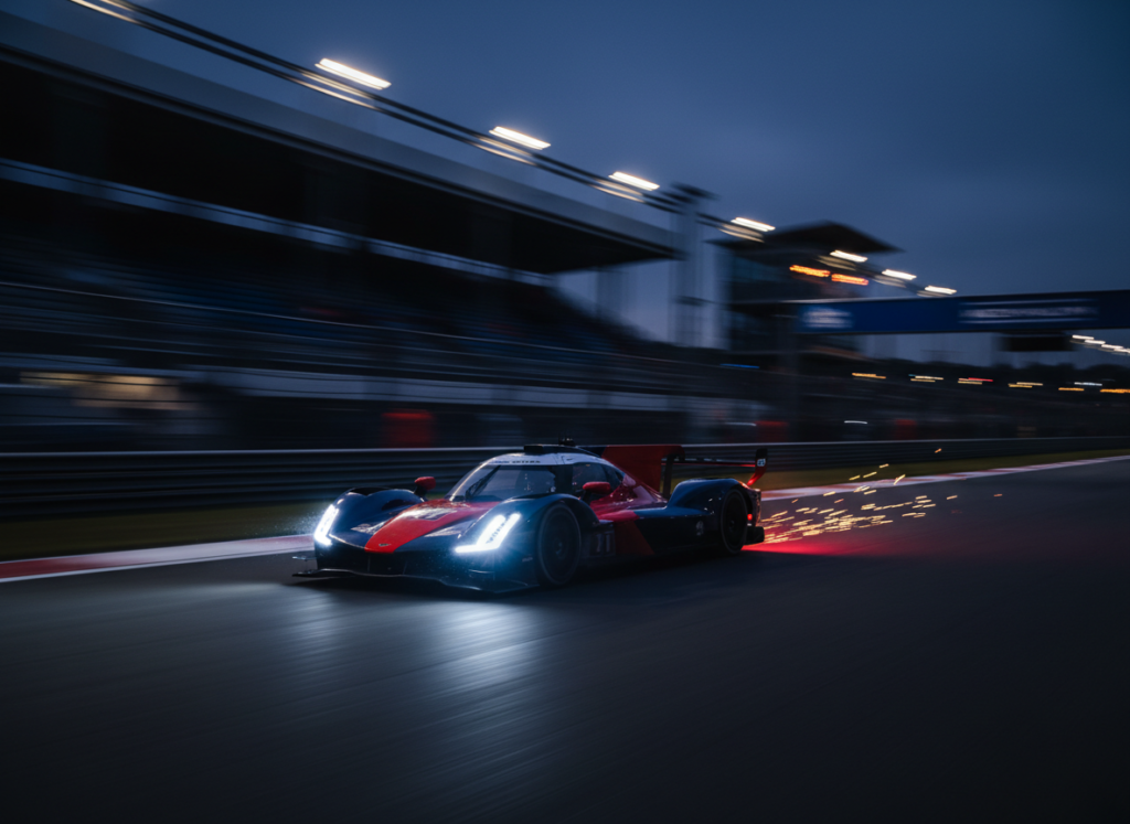 Endurance race car with bright headlights racing at night