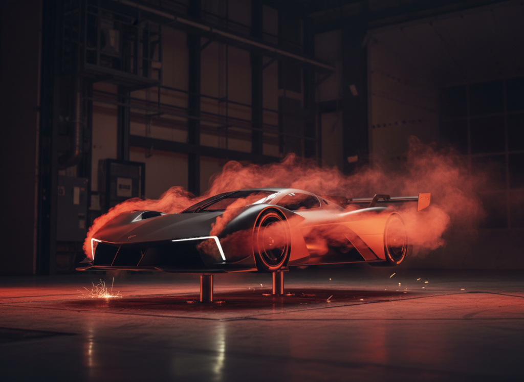Race car model in a wind tunnel with smoke airflow