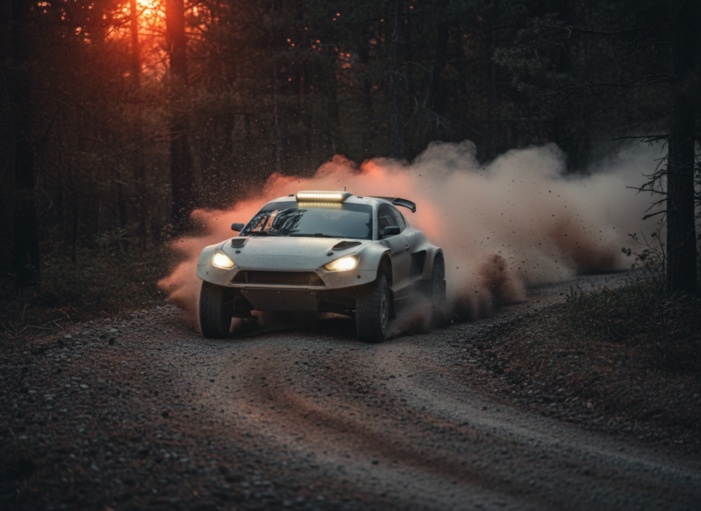 Rally car on a gravel forest stage