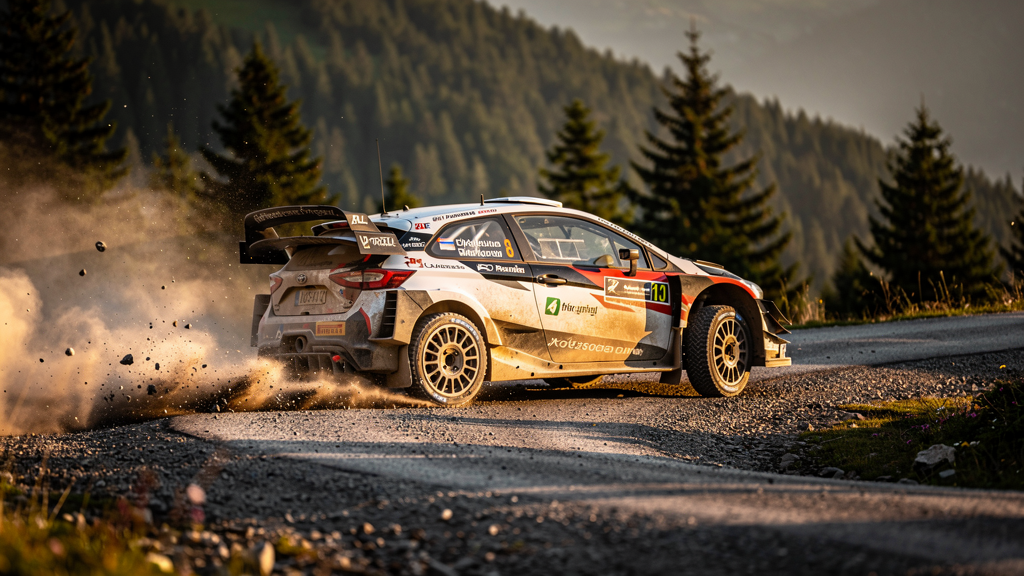 Generic rally car powering sideways through a gravel corner on a mountain stage road, kicking up dust