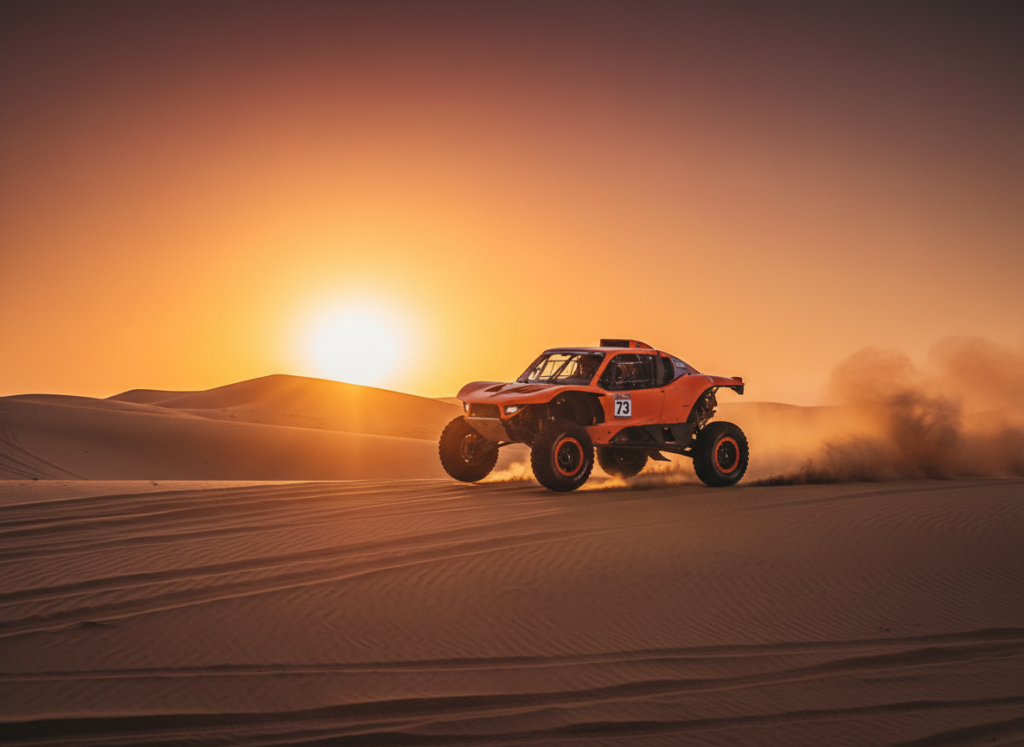 A rally-raid vehicle crossing desert sand dunes during a stage, representing the Dakar Rally