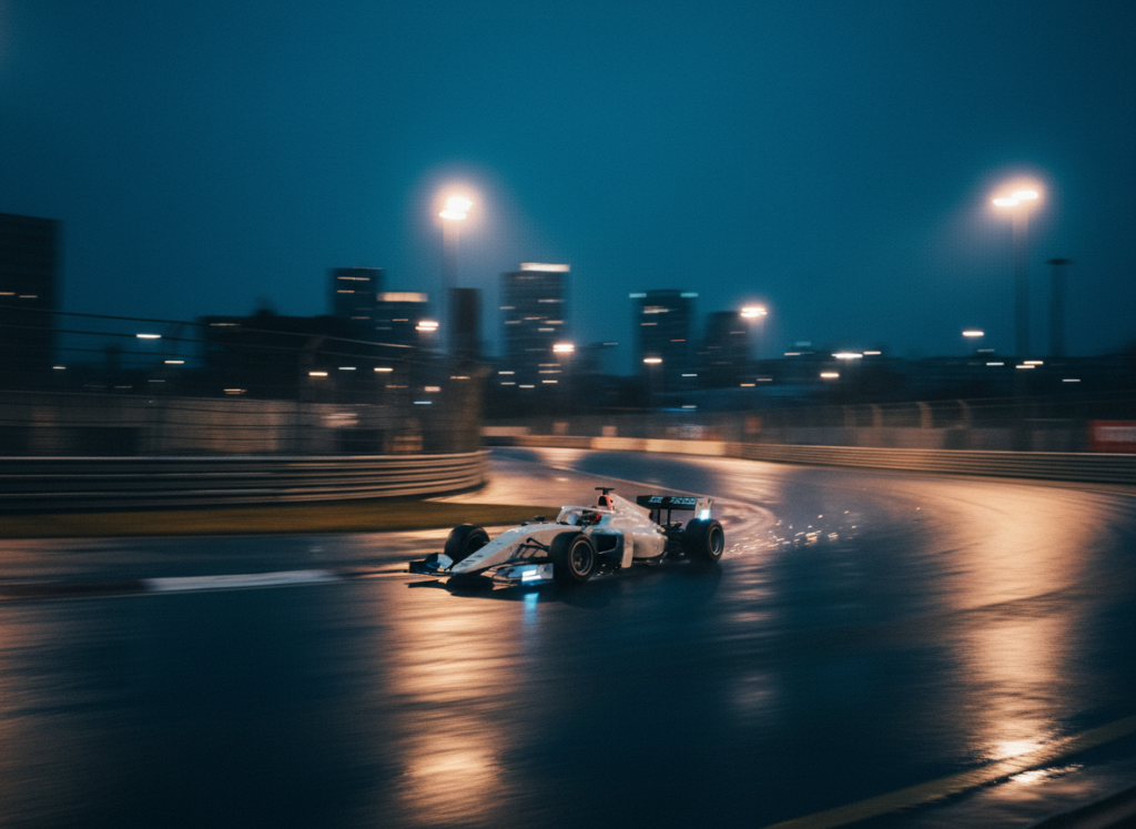 Dramatic nighttime street circuit motorsport race, floodlights illuminating a generic open-wheel single-seater racing car mid-corner with motion blur and light trails, wet reflective asphalt, city skyline silhouette in the background, cinematic editorial motorsport photography style, moody blue and amber lighting, no text, no logos, no visible brand liveries or sponsor marks