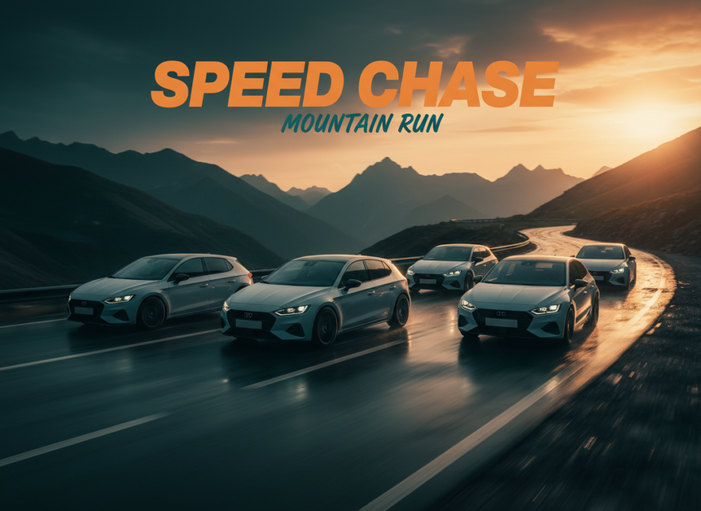Editorial automotive photography, a dynamic lineup of modern hot hatchback cars on a wet mountain road at golden hour, motion blur on wheels suggesting speed, dramatic cinematic lighting, shallow depth of field, generic unbranded hatchback silhouettes with no visible logos or license plates, moody color grade with teal and orange tones, professional motorsport magazine cover style, wide angle shot