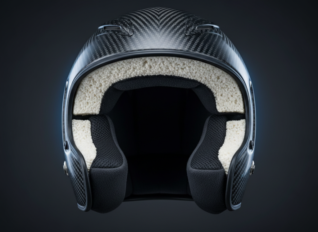 Editorial studio photograph of a generic matte carbon-fiber motorsport racing helmet shown in cutaway/cross-section style, revealing the layered composite shell, dense foam impact liner, and inner padding. Dark charcoal background with subtle cool blue rim lighting, shallow depth of field, sharp macro focus on material texture and layer detail. No logos, no sponsor branding, no team colors, no visible brand names. Professional, technical, high-end automotive engineering magazine aesthetic.