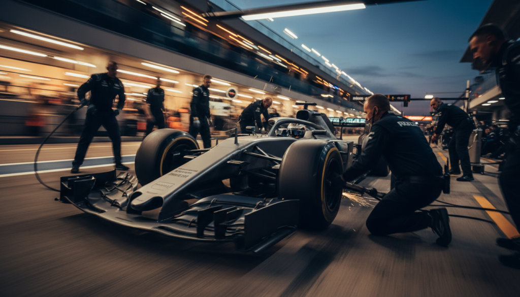 Mechanics performing a high-speed tyre change during a Formula 1 pit stop at dusk